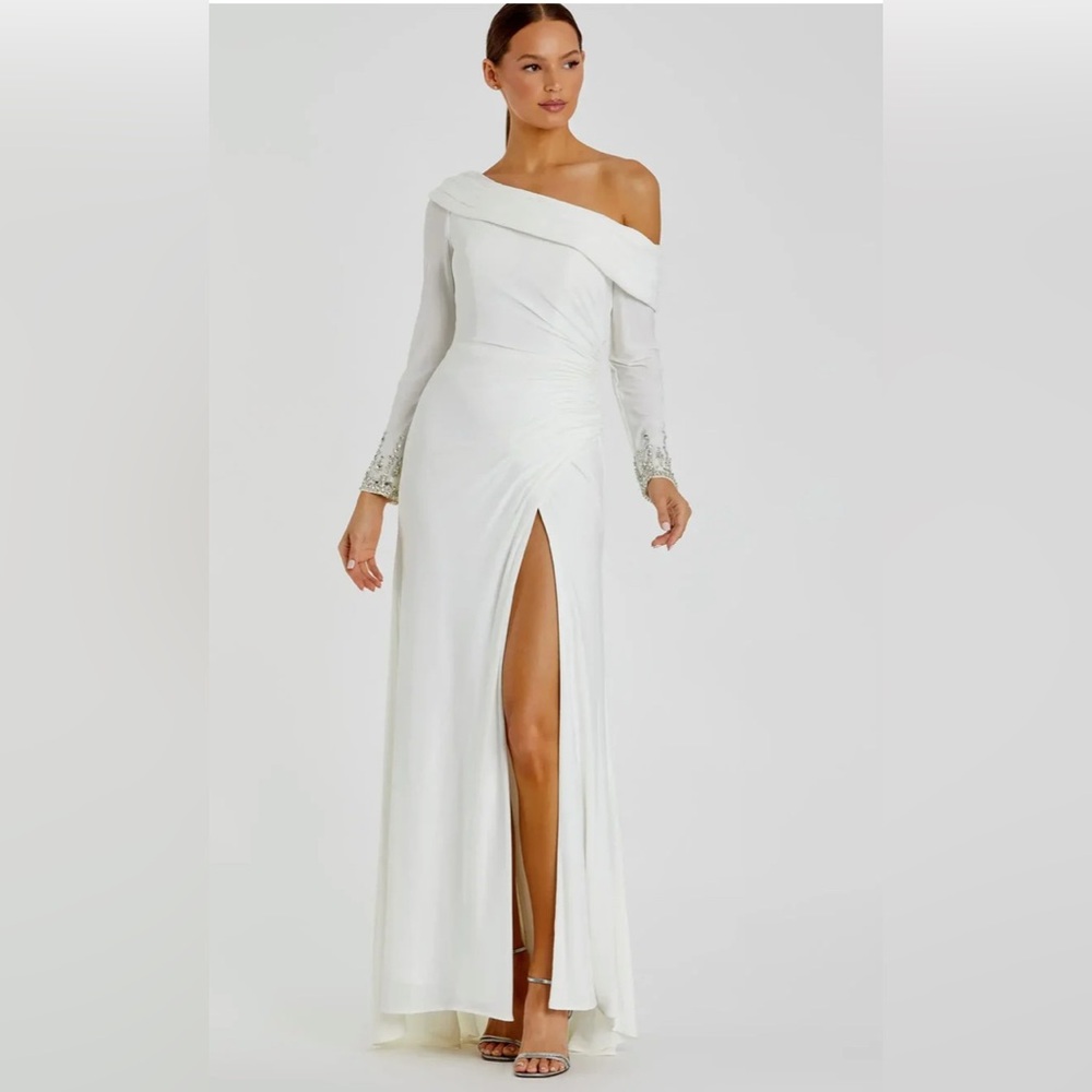 Mac Duggal White Beaded Cuff Elegant Off-Shoulder Dress